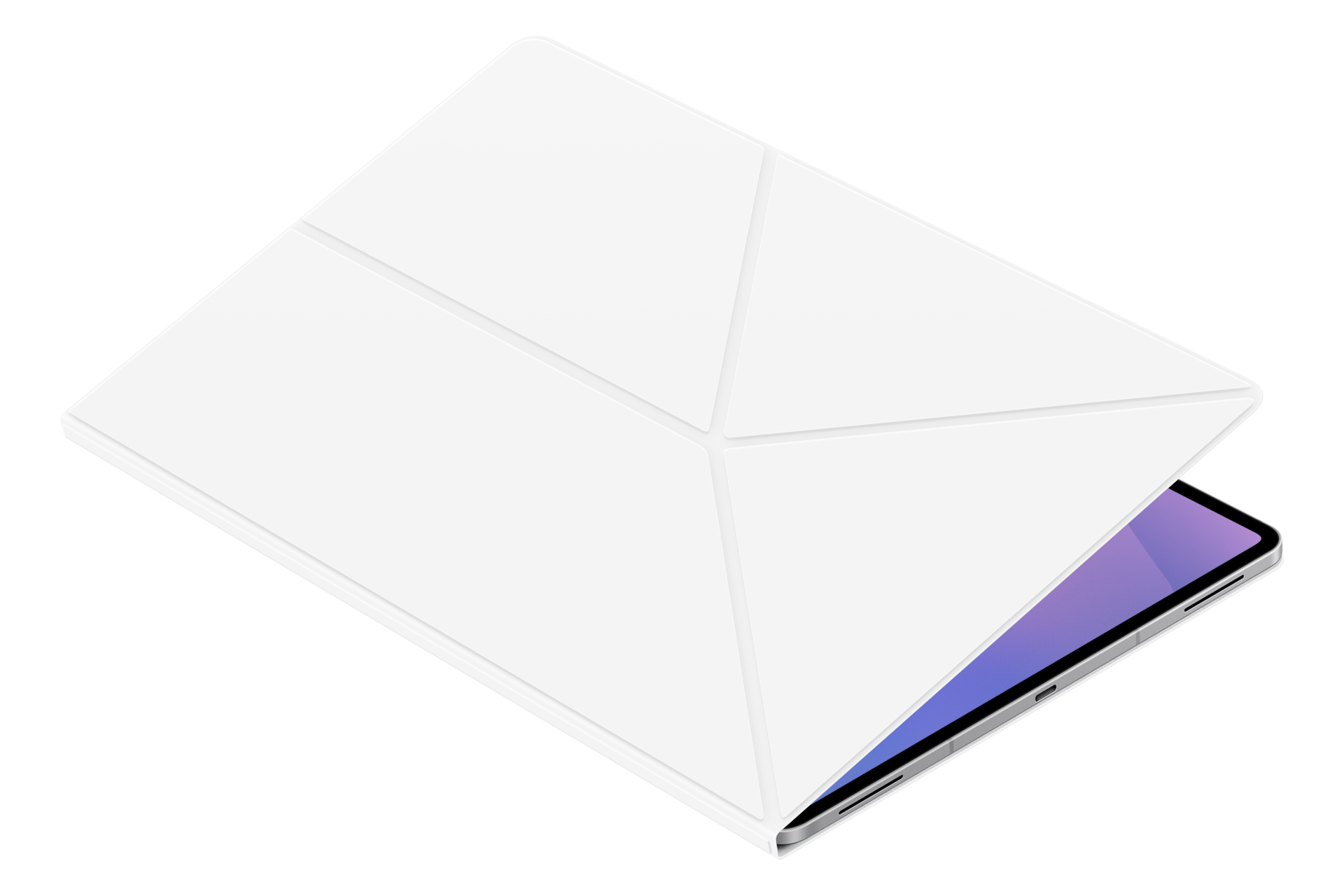 Białe etui na tablet w stylu origami lekko uchylone, odsłaniające tablet z fioletowym ekranem na czarnym tle.