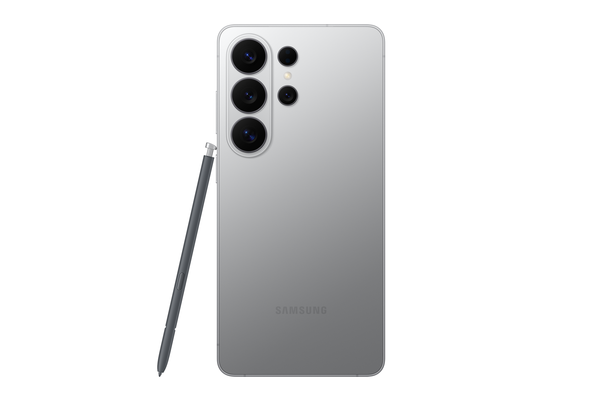 Een zilveren Samsung-smartphone met meerdere camera's en een bijpassende stylus pen tegen een zwarte achtergrond.