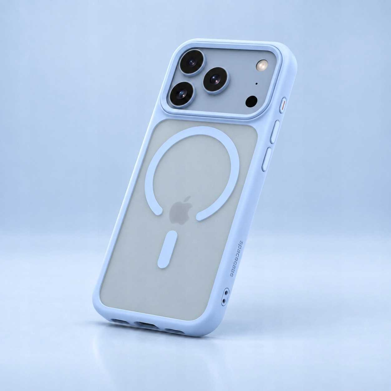 Jasnoniebieskie etui na smartfon z pierscieniem MagSafe na tylnej sciance, na jasnoniebieskim tle.
