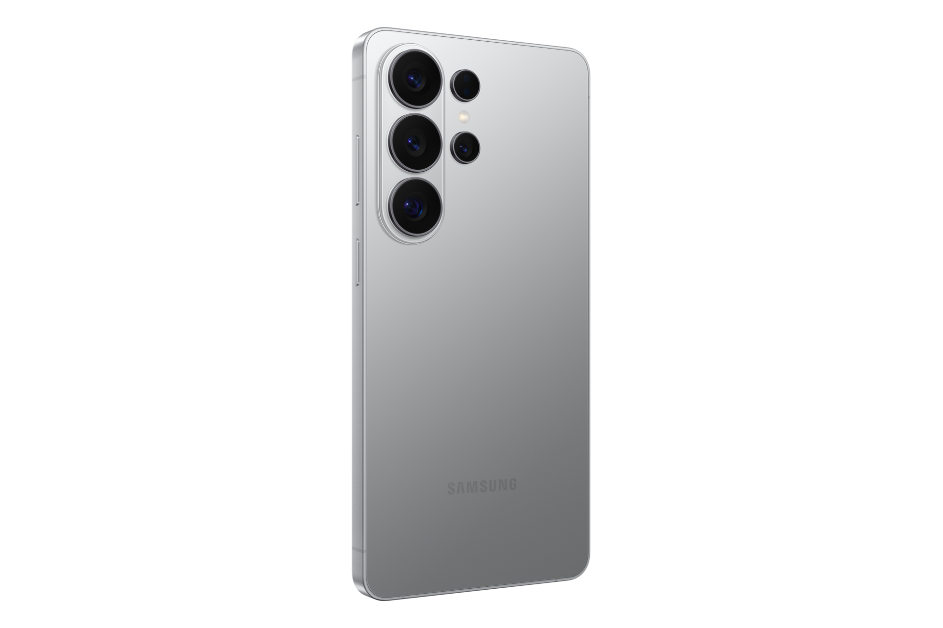 Dos d'un smartphone Samsung argenté avec plusieurs objectifs de caméra sur fond noir.