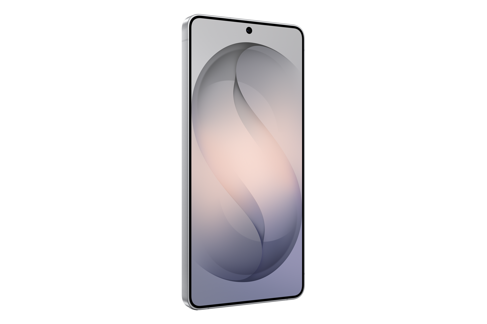 Un smartphone avec un écran lumineux et minimaliste affichant un graphique abstrait courbé en nuances de gris.