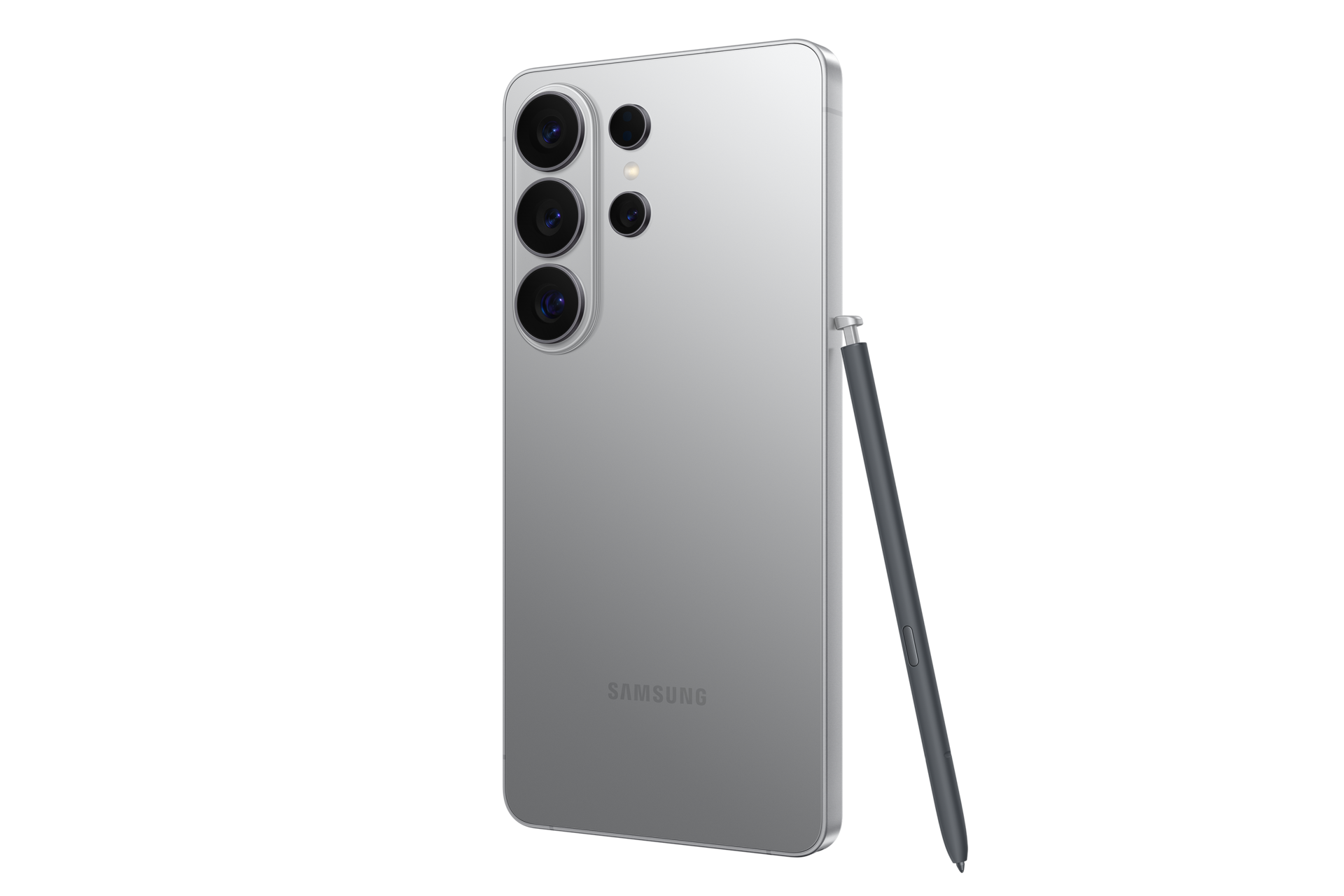 Dos d'un smartphone argenté avec trois objectifs photo et un stylet gris assorti sur fond noir.