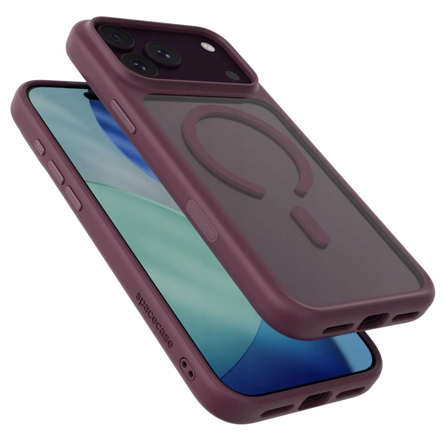 Fioletowy smartfon w etui, z modułem aparatu i pierścieniowym magnesem z tyłu.