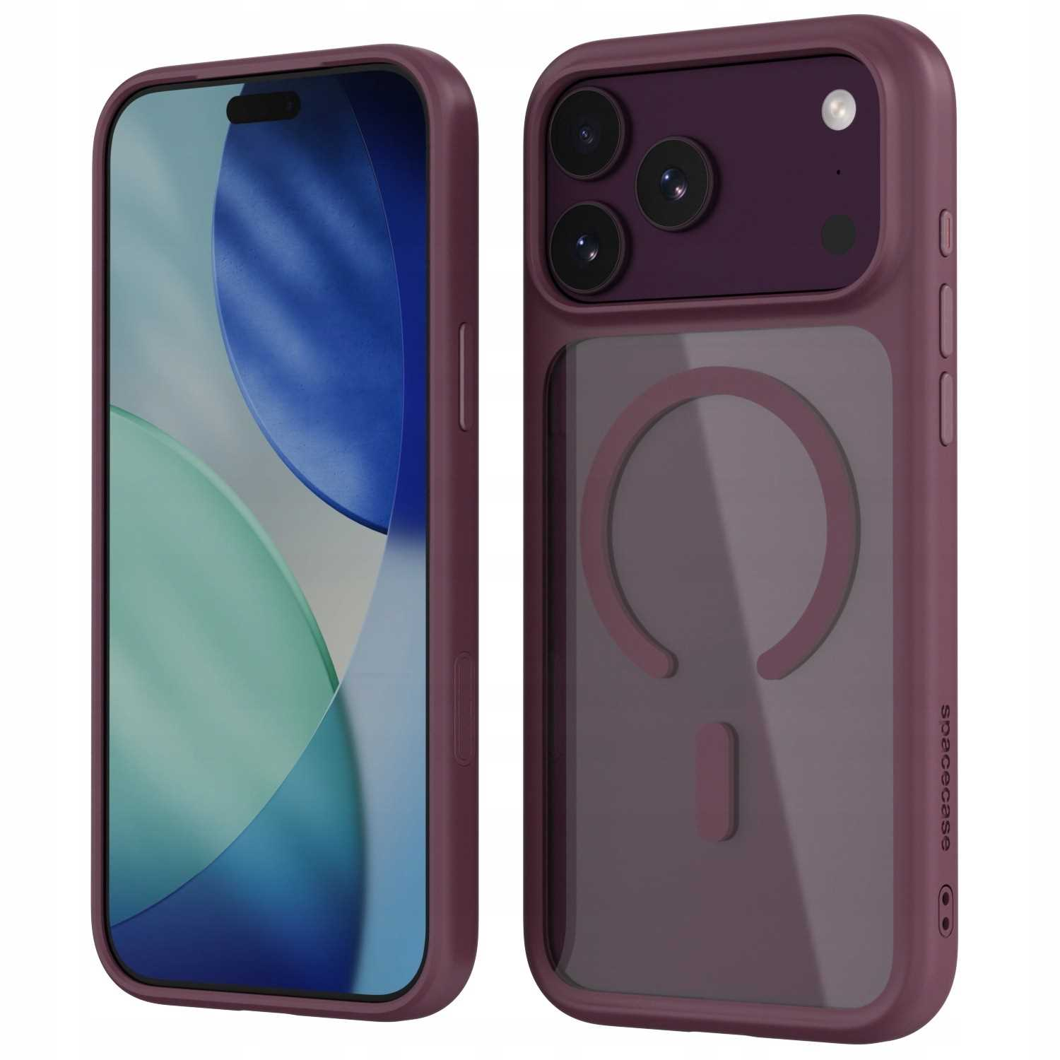 Smartfon w ciemnoczerwonym etui, z wyświetlaczem z przodu oraz aparatem i pierścieniem MagSafe z tyłu.