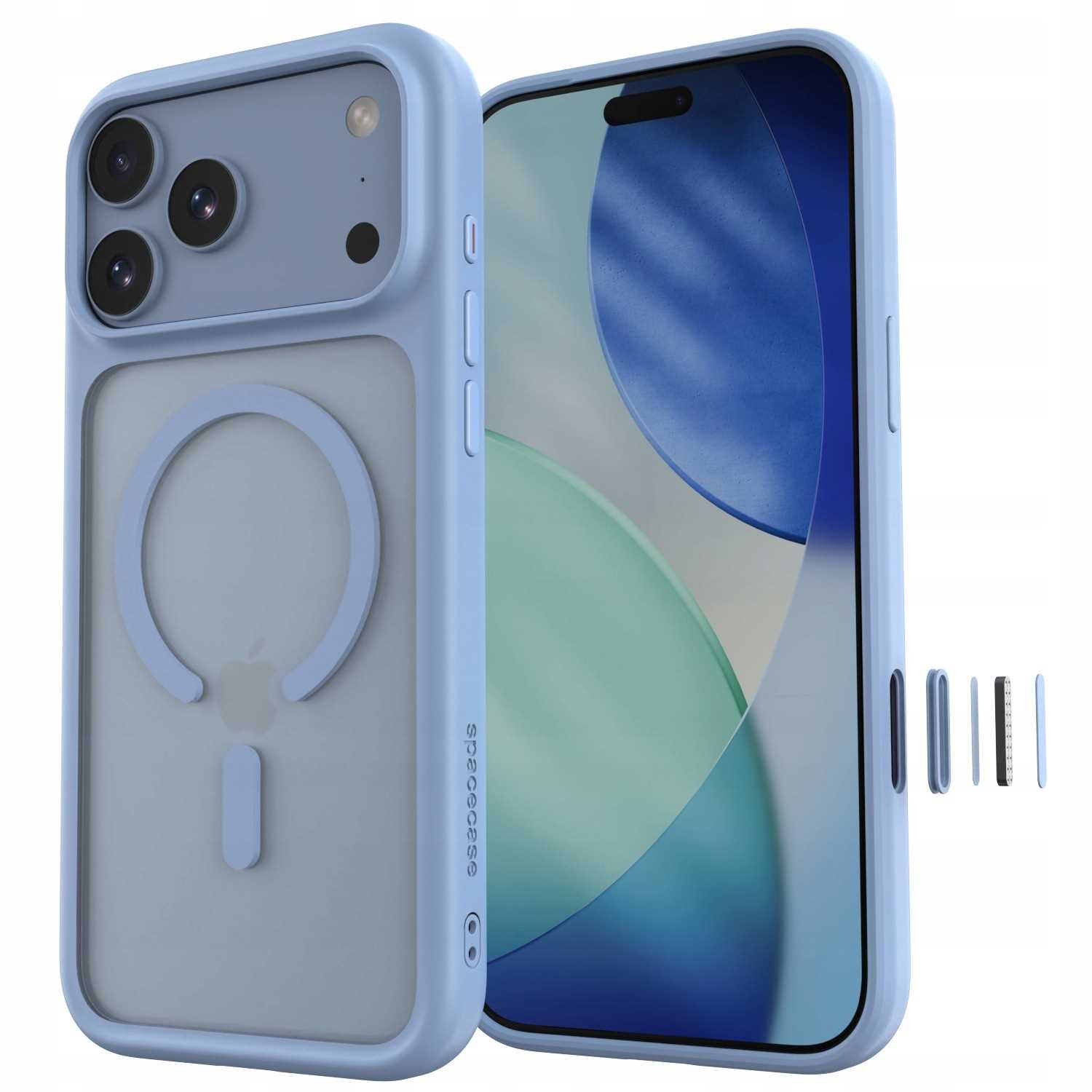 Jasnoniebieski smartfon w etui ochronnym z okrągłym pierścieniem MagSafe z tyłu.