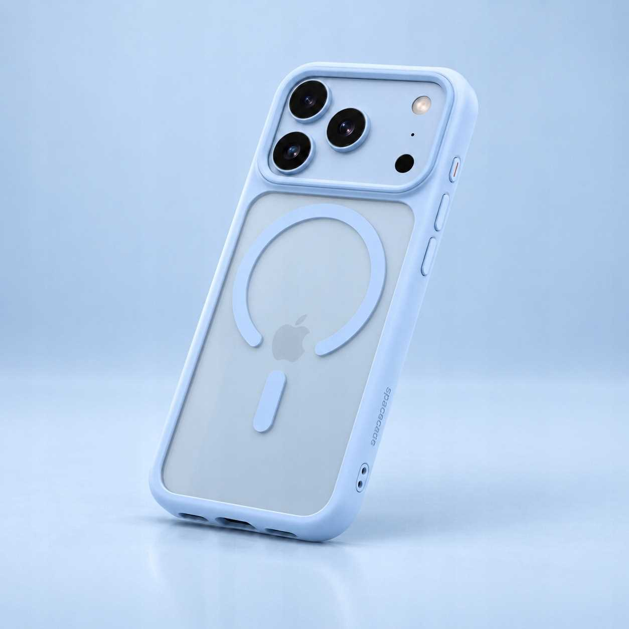 Jasnoniebieskie etui na telefon z pierścieniem MagSafe z tyłu, na pasującym niebieskim tle.