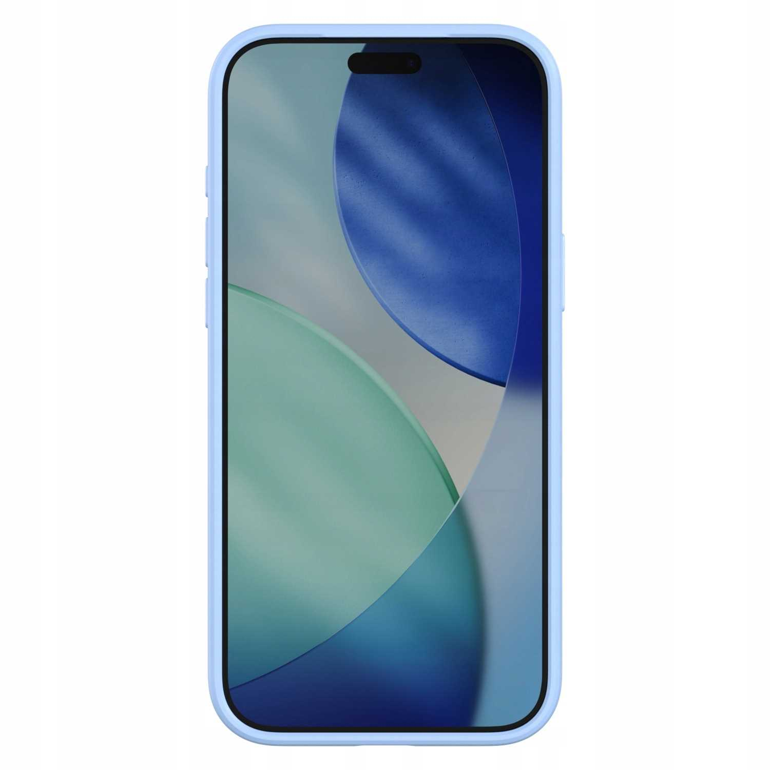 Smartfon w jasnoniebieskim etui z abstrakcyjną tapetą.