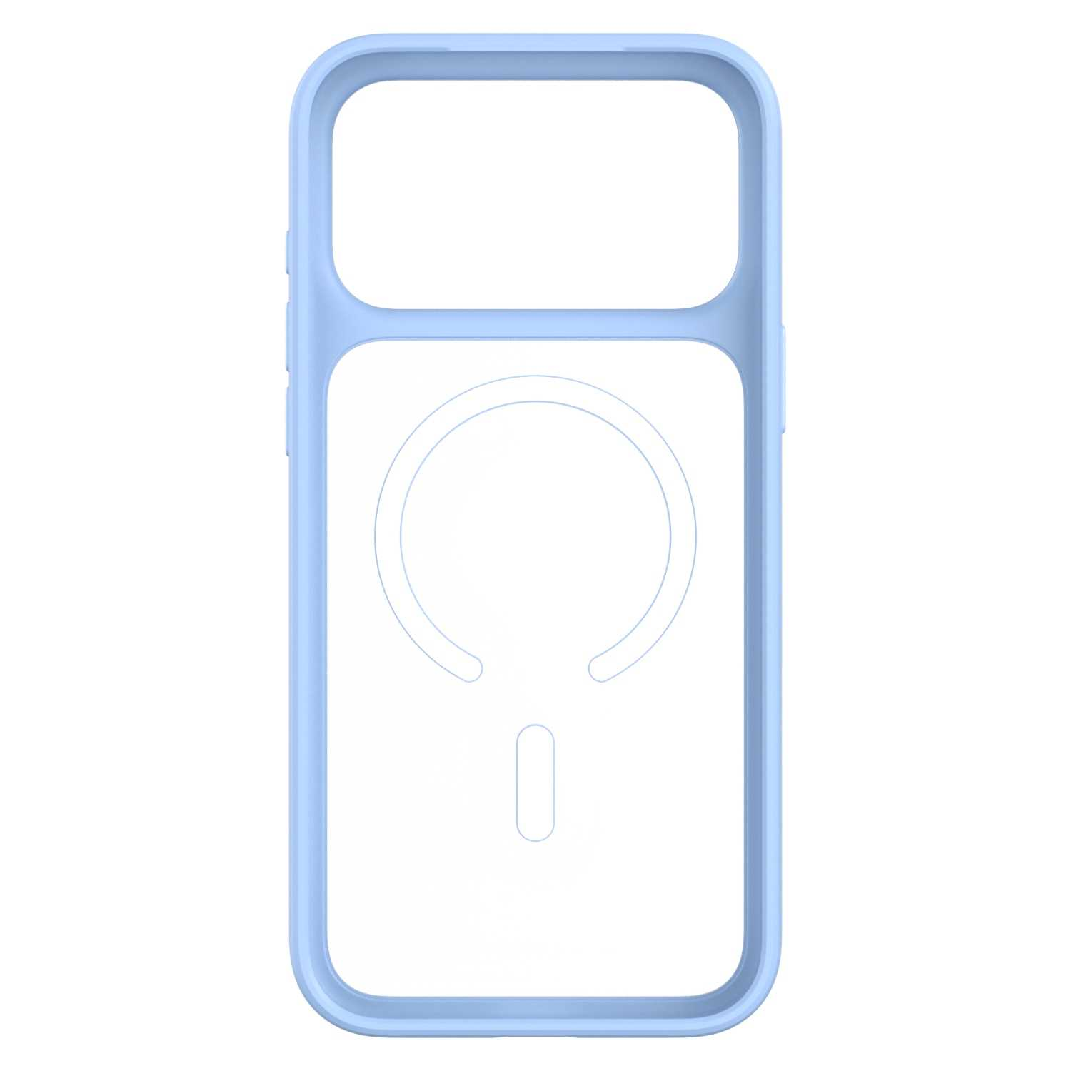 Jasnoniebieskie, otwarte etui na telefon ma białą wyściółkę wnętrza z okrągłą ikoną MagSafe.