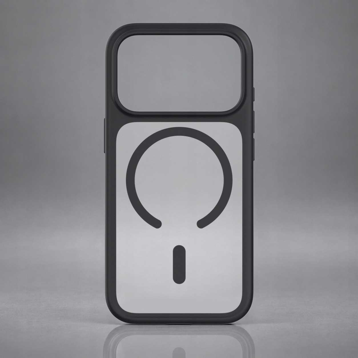Czarne etui na smartfon z okrągłym wzorem MagSafe na szarym tle.