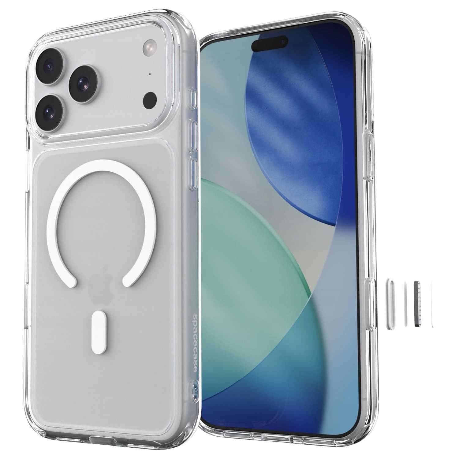 Smartfon w przezroczystym etui z pierścieniem MagSafe z tyłu i niebieską abstrakcyjną tapetą.