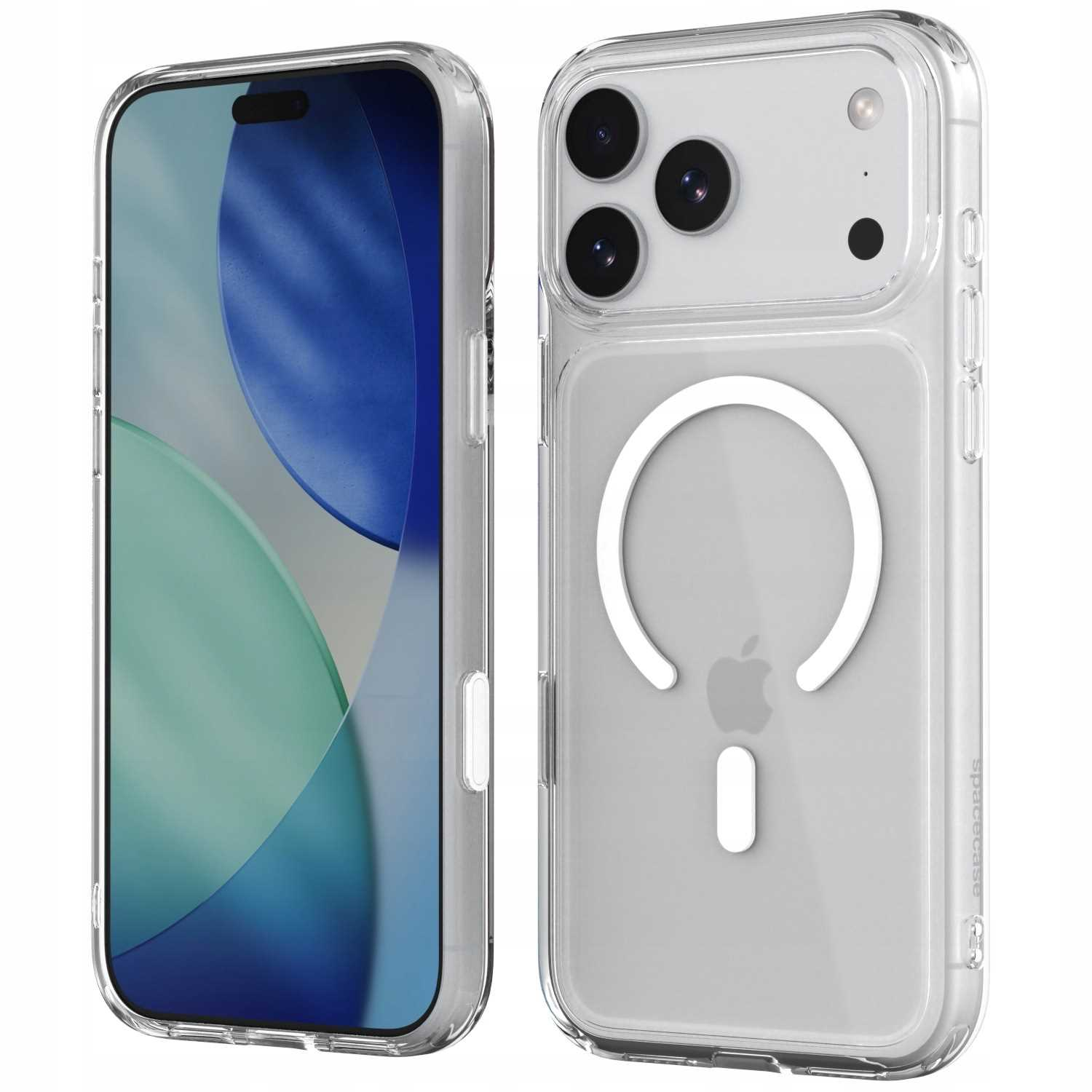 Przezroczyste etui ochronne na smartfonie, pokazujące ekran i tył z pierścieniem MagSafe na białym tle.