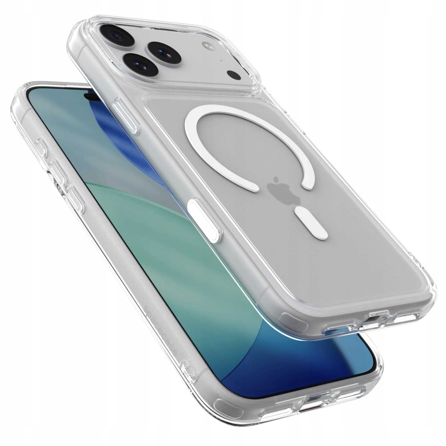 Smartfon w przezroczystym etui z magnetycznym pierścieniem ładującym z tyłu.