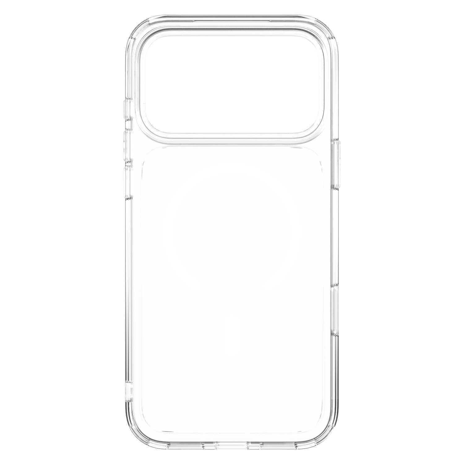 Przezroczyste etui na telefon z kółkiem MagSafe z tyłu na białym tle.