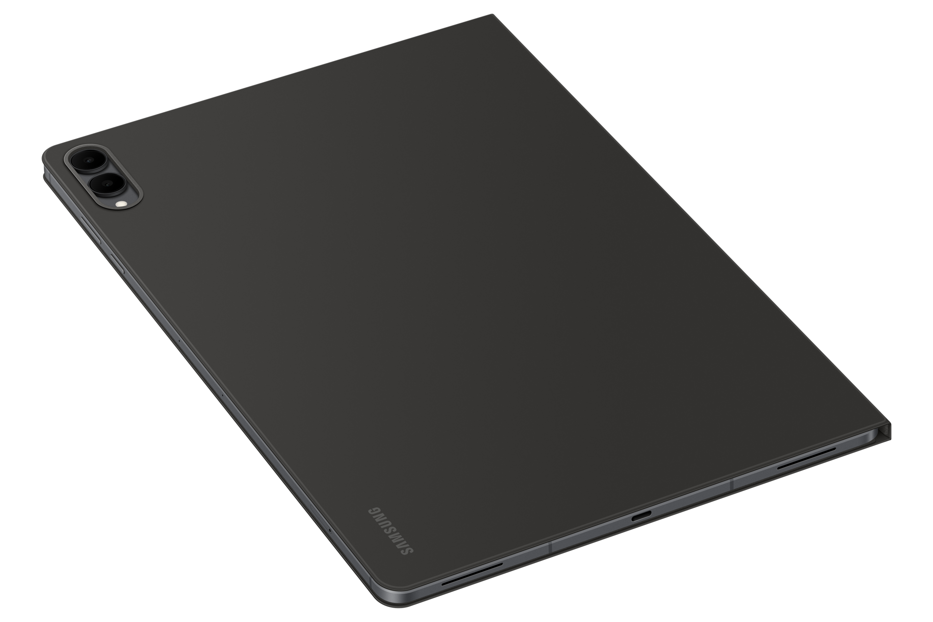 Ciemnoszary tablet Samsung na czarnym tle ukazuje podwójny aparat z tyłu i logo.
