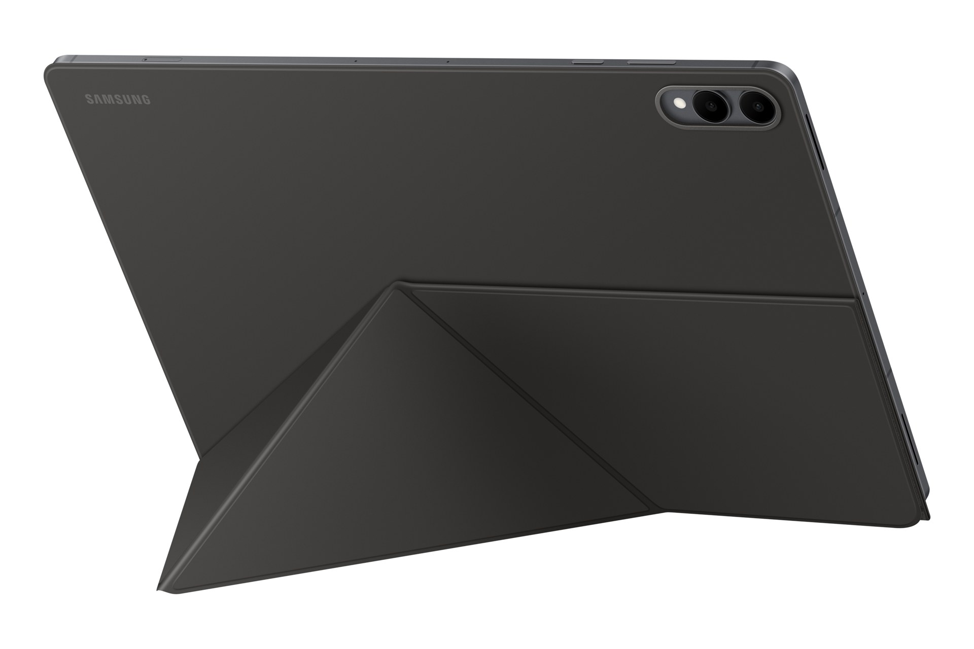 Tył szarego tabletu Samsung w etui z podstawką na czarnym tle.