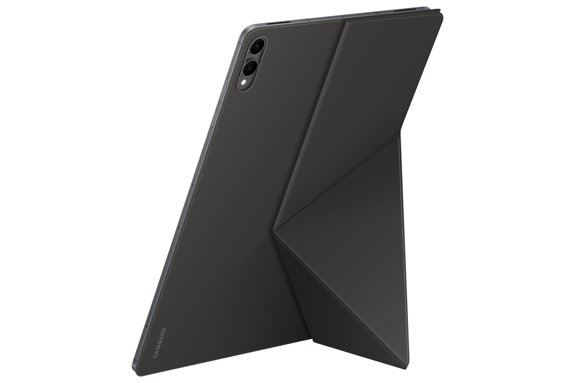 Szary tablet ze składanym etui i aparatem na czarnym tle.