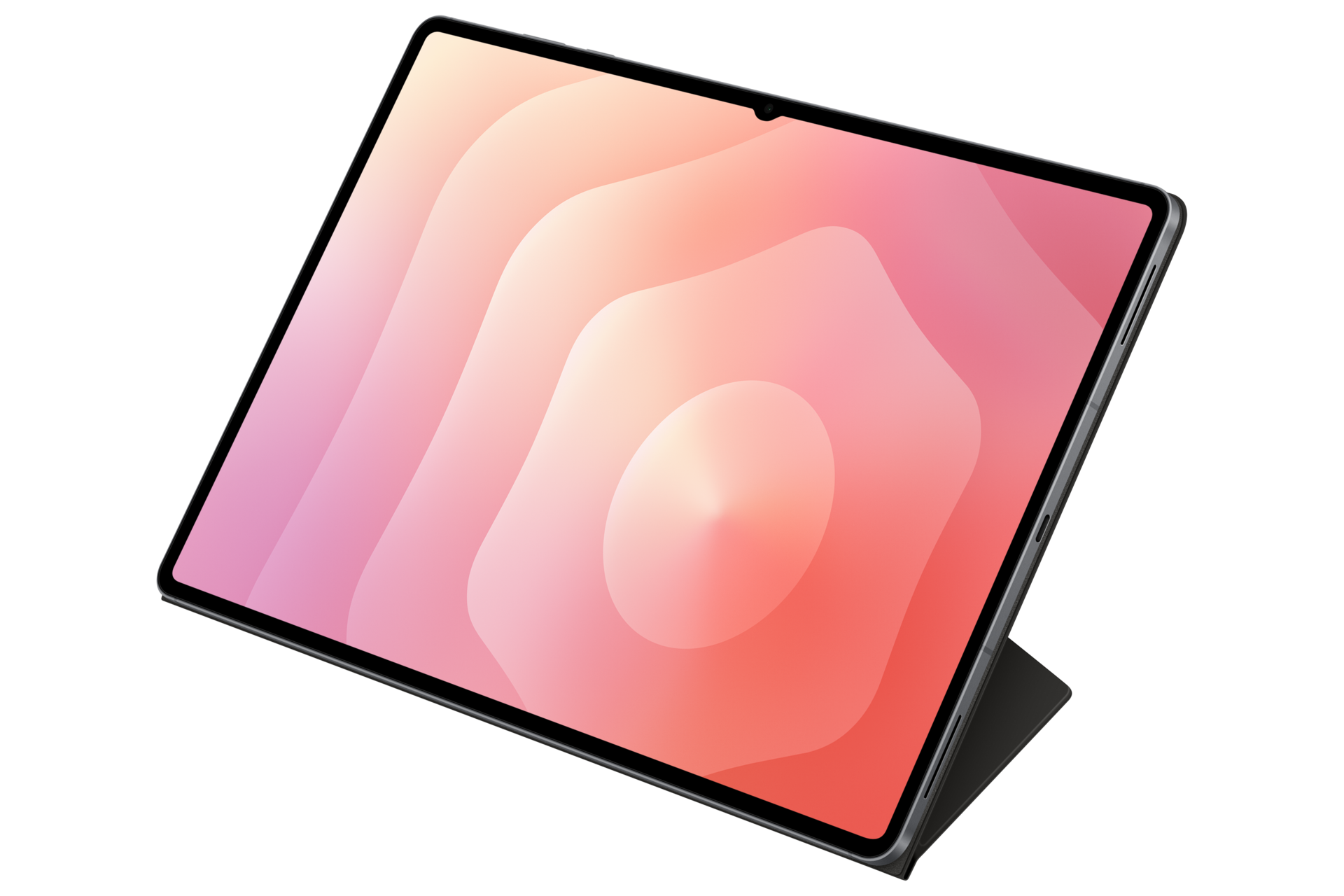 Tablet z cienkimi ramkami i różowym falistym tłem na czarnym tle.