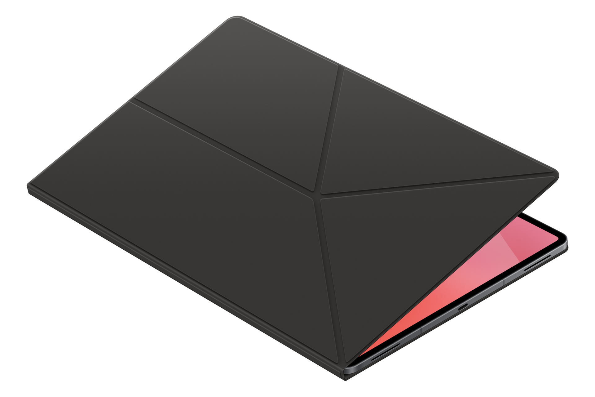 Zamknięte czarne etui na tablet leży na czarnym tle, z lekko wystającym czerwonym wyświetlaczem.
