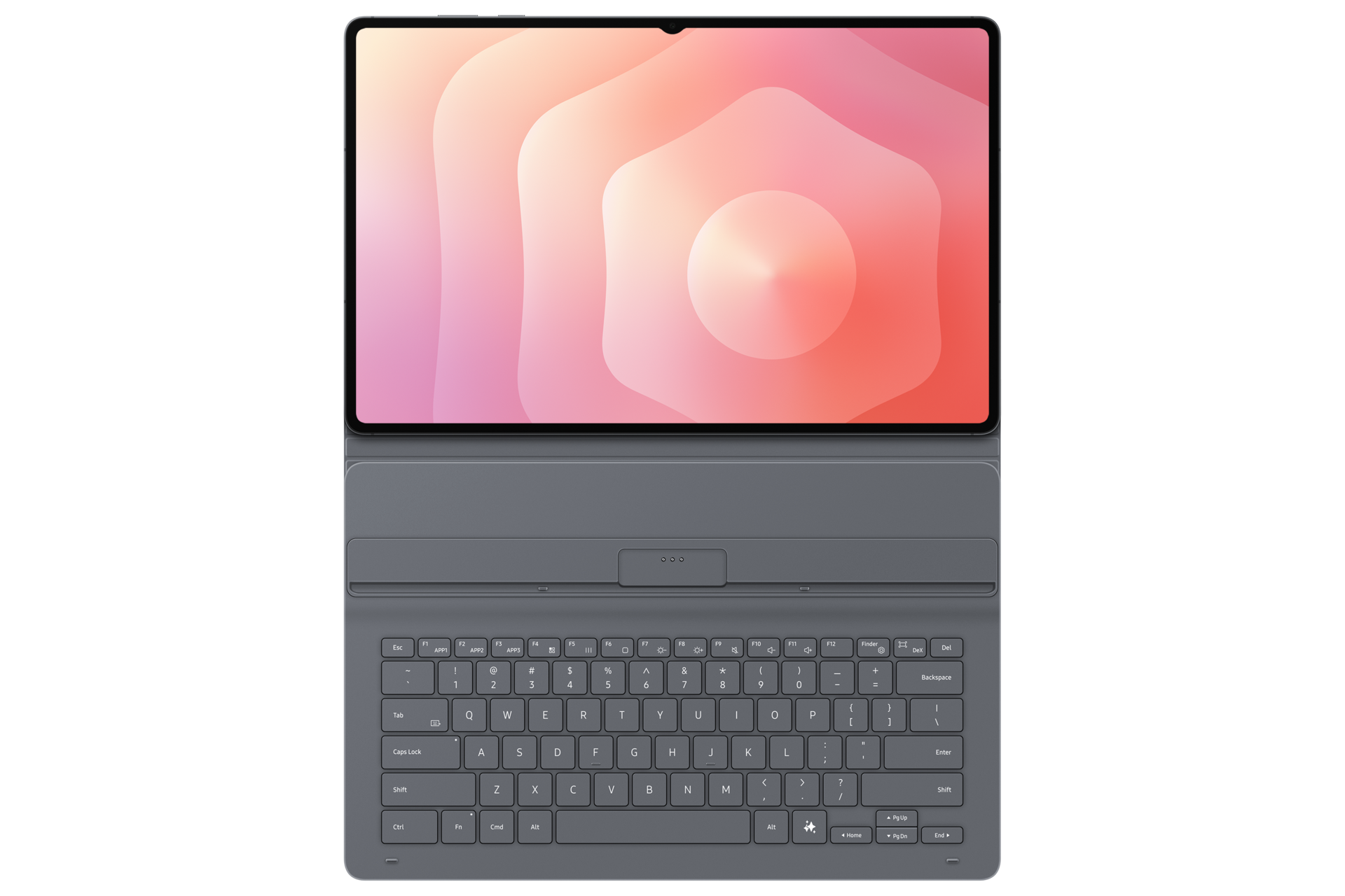 Un tablet con sfondo ondulato rosa è collegato a una custodia con tastiera scura su sfondo nero.
