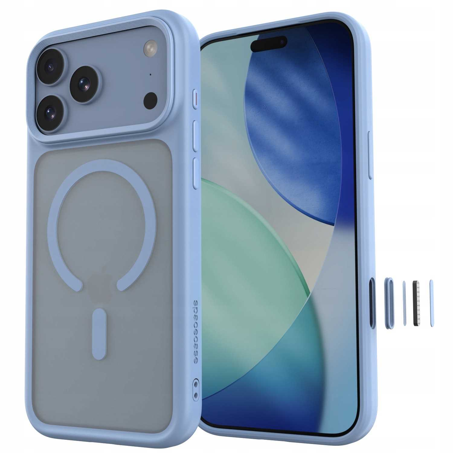 Niebieskie etui na smartfon z pierscieniem MagSafe i potrójnym aparatem, obok widok z przodu smartfona.