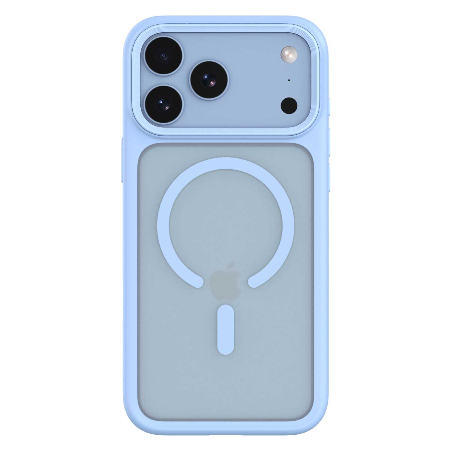 Niebieskie etui na telefon z okręgiem MagSafe i wycięciem na aparat.