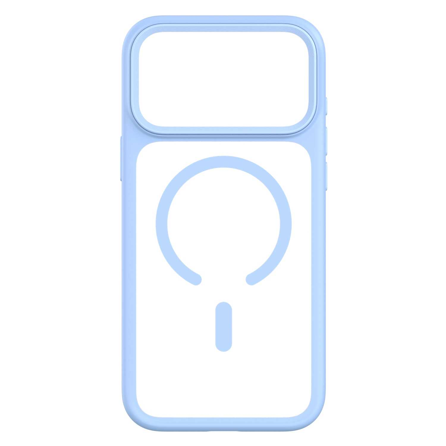 Jasnoniebieskie etui na smartfon z pierścieniem MagSafe i ochroną aparatu na białym tle.