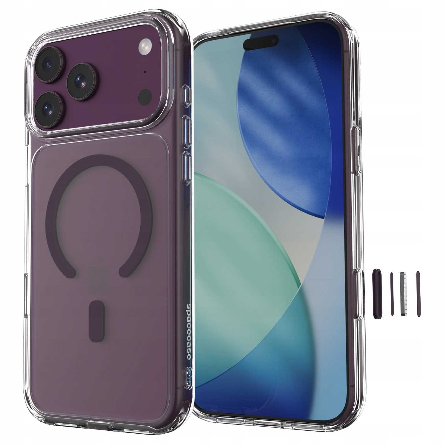 Fioletowy smartfon w przezroczystym etui z pierscieniem MagSafe i osobnymi pierscieniami ochrony obiektywu.