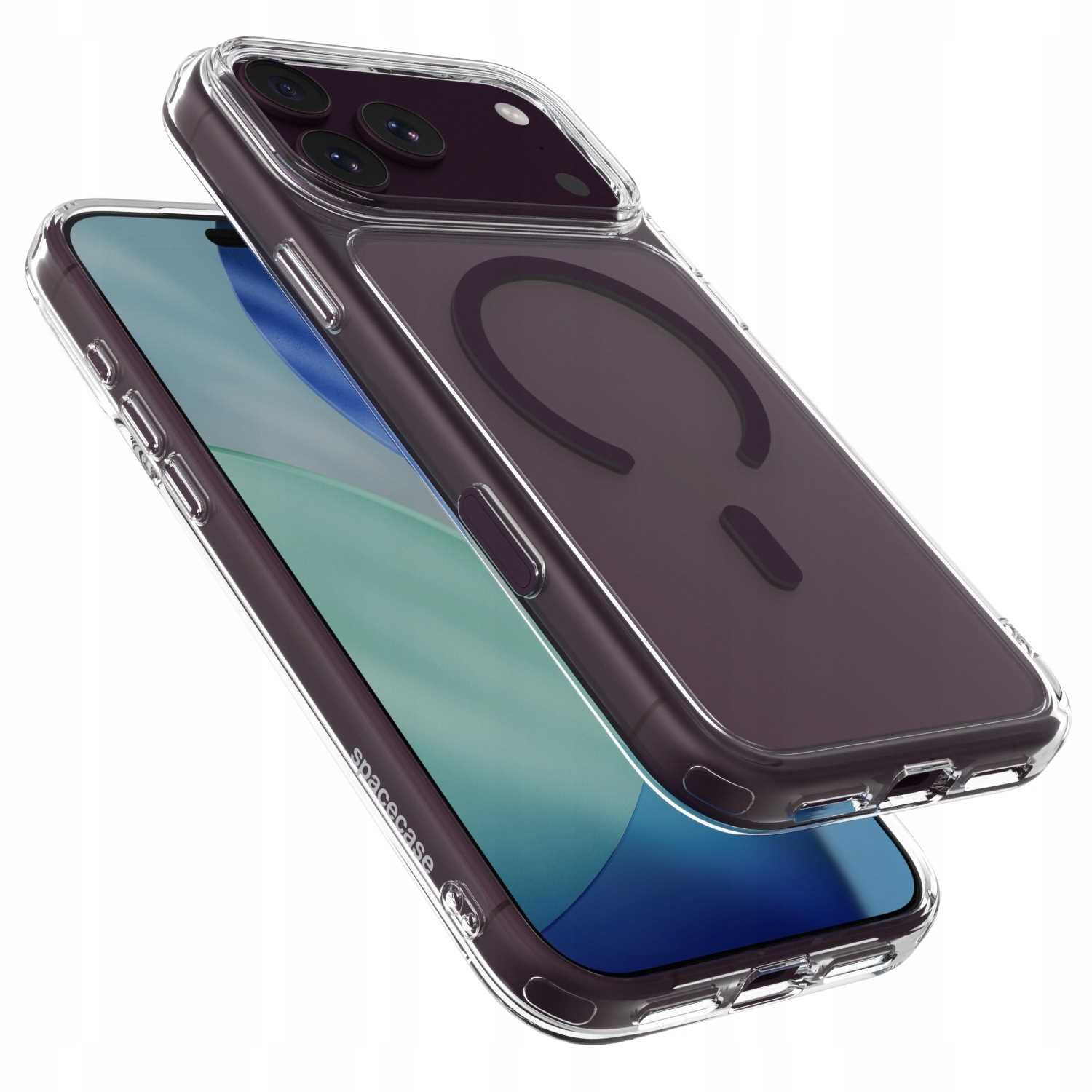 Smartfon w przezroczystym etui pokazuje przód i tył na białym tle.