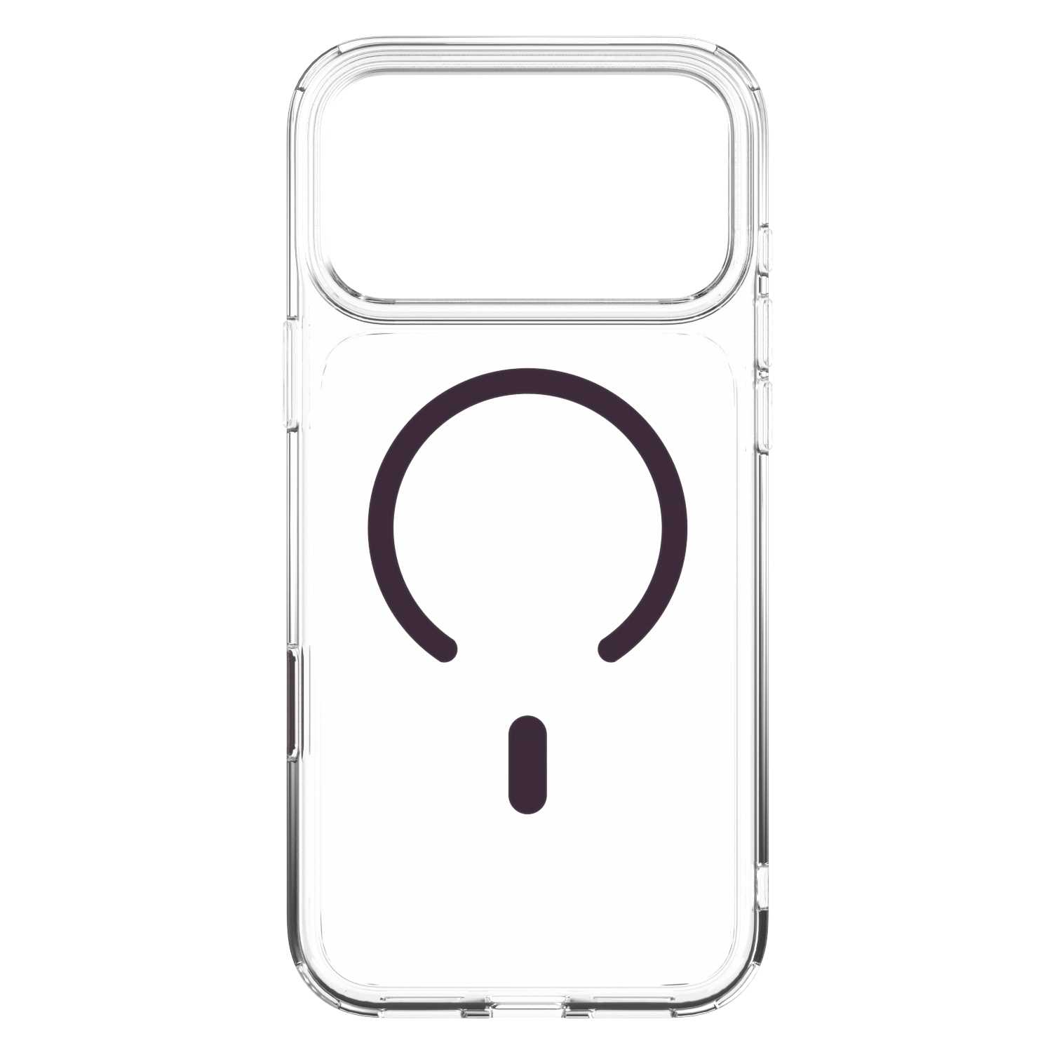 Przezroczyste etui na telefon z czarnym symbolem MagSafe z tyłu.