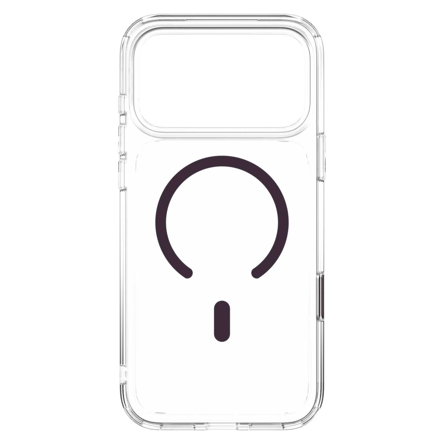 Przezroczyste etui na telefon z czarnym symbolem MagSafe na białym tle.