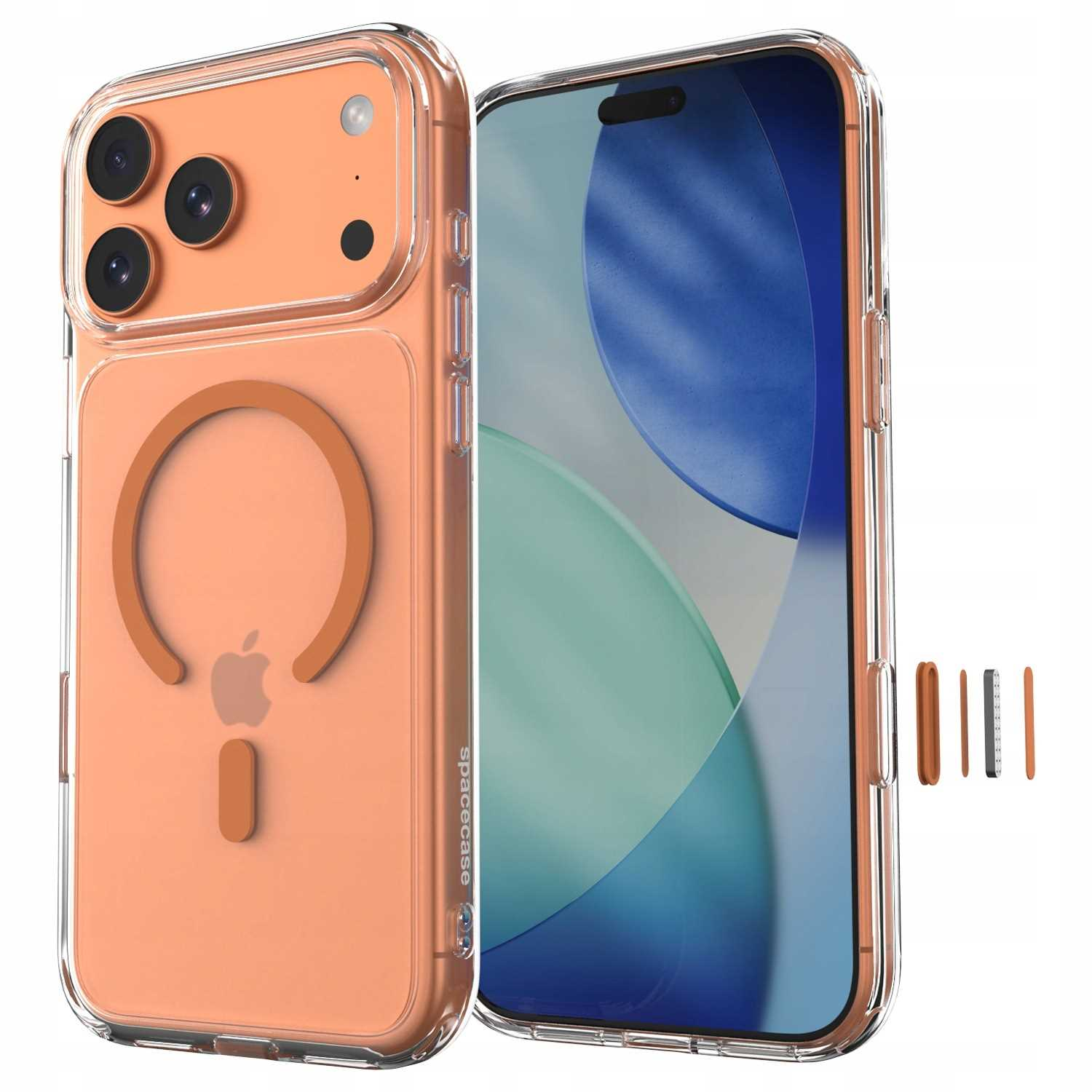 Pomarańczowy smartfon w przezroczystym etui, z pierścieniem MagSafe z tyłu i włączonym ekranem.