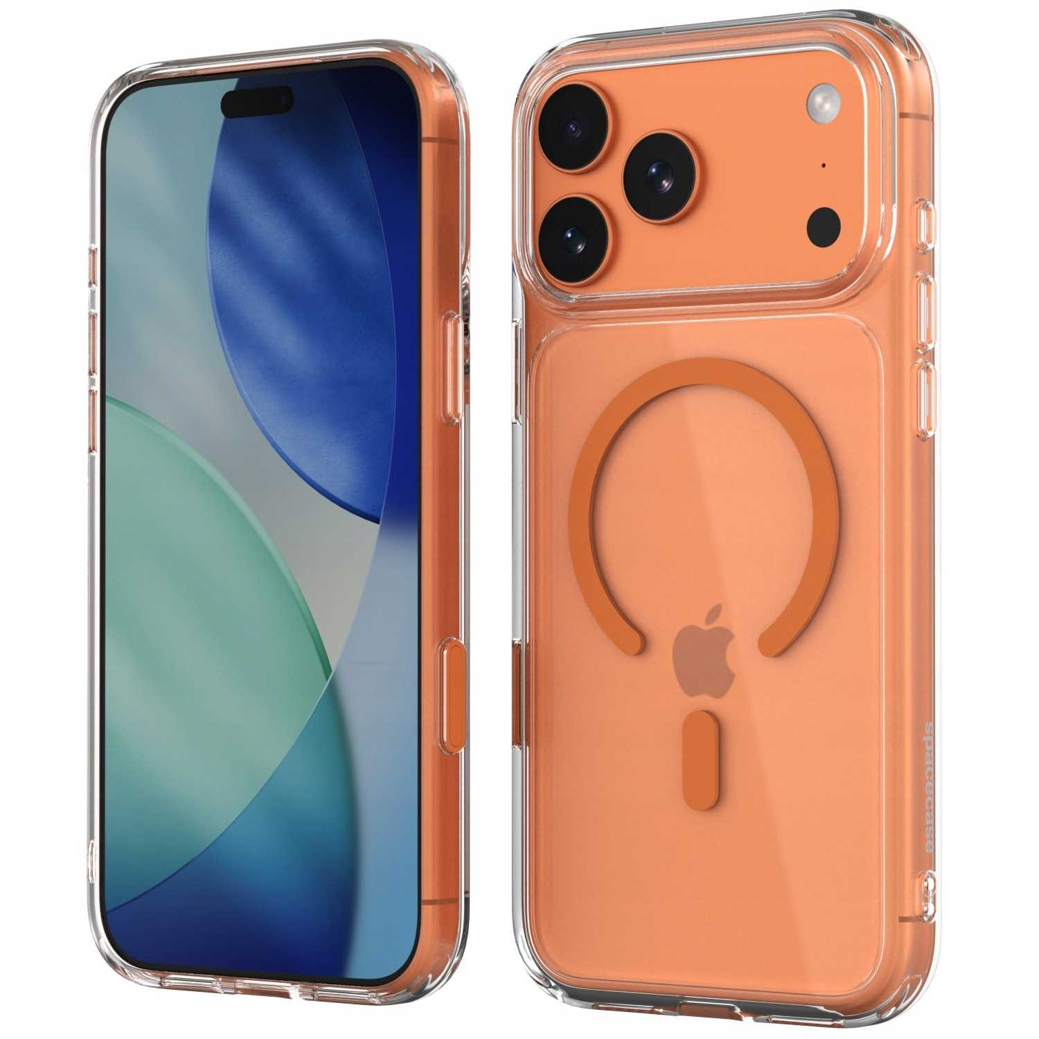 Pomarańczowy smartfon w przezroczystym etui z widocznym ekranem i tylnym aparatem.