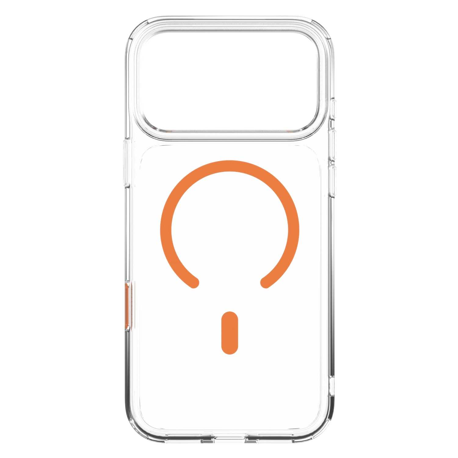 Przezroczyste etui na telefon z pomarańczowym pierścieniem MagSafe i wycięciem na aparat na białym tle.