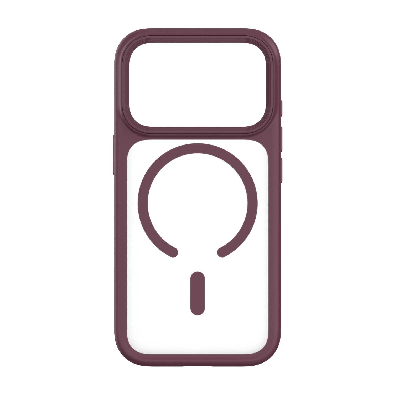 Ciemnofioletowe etui na telefon z wyciętym wzorem i okrągłym pierścieniem z tyłu.