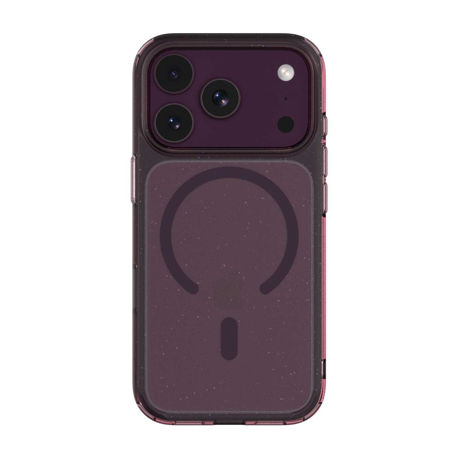 Ciemnofioletowe etui na smartfon z wycięciem na aparat, potrójnym aparatem i pierścieniem MagSafe z tyłu.