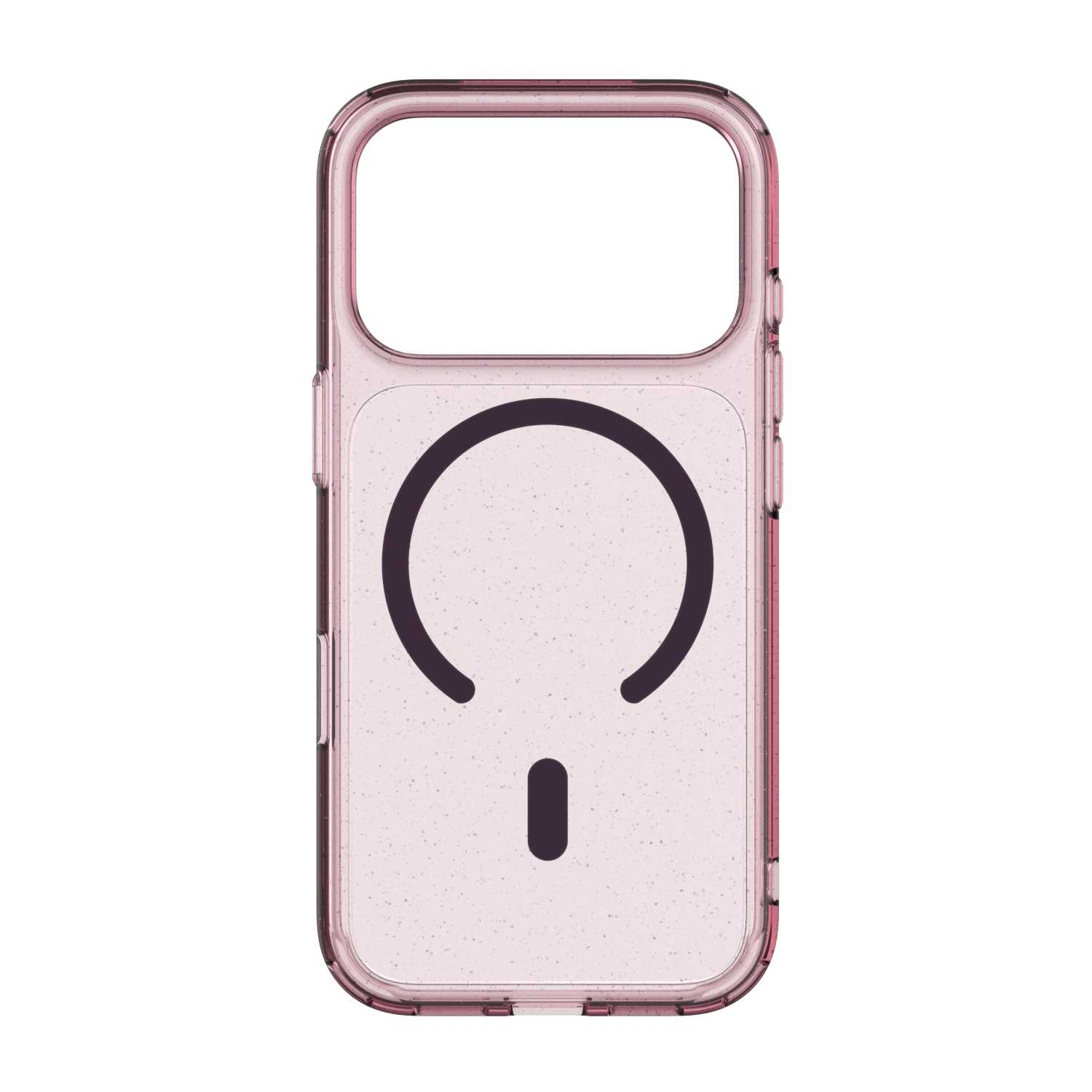 Różowe, nakrapiane etui na telefon z ciemnym symbolem pierścienia magnetycznego z tyłu.