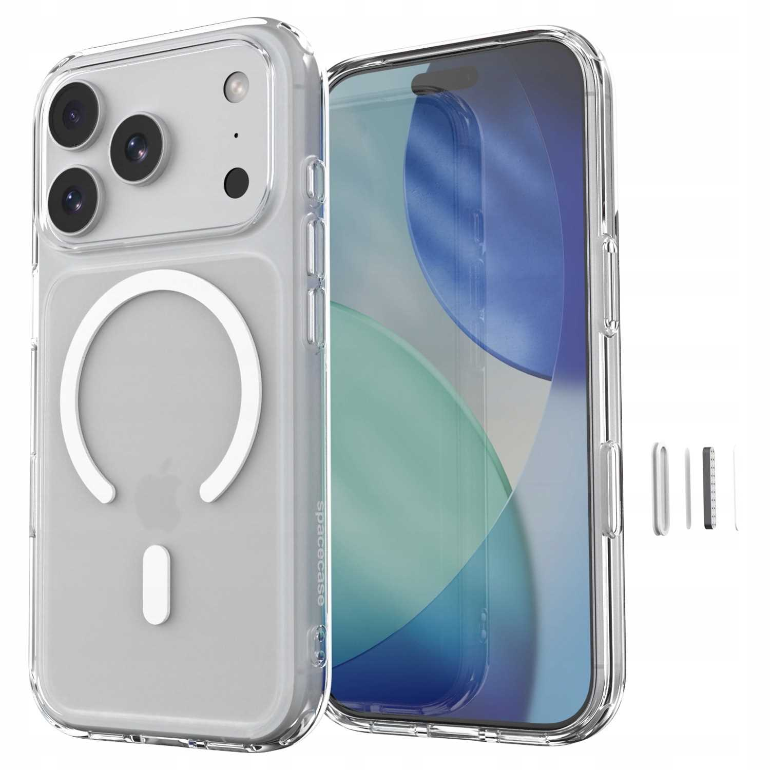 Przezroczyste etui na telefon z pierścieniem MagSafe z przodu i z tyłu.