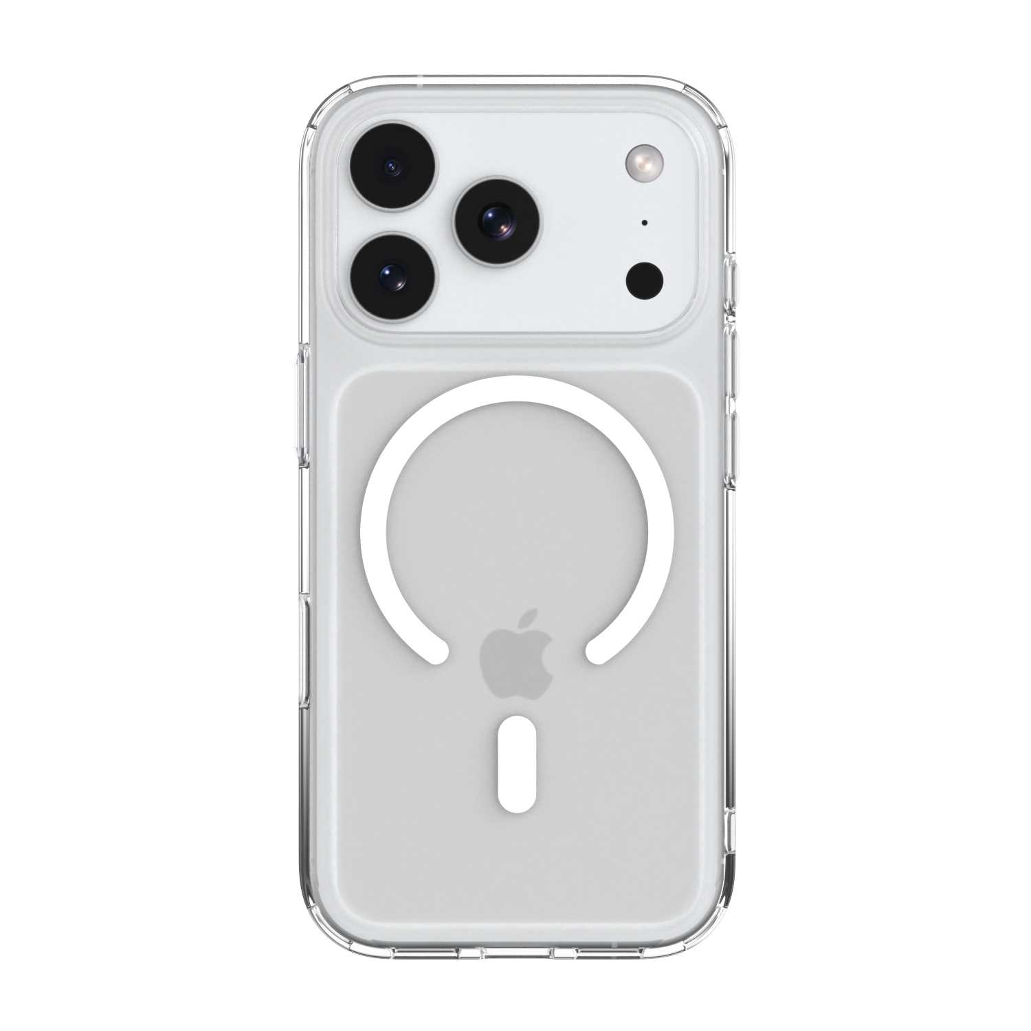 Przezroczyste etui na smartfon z pierścieniem MagSafe i logo Apple z tyłu, na białym tle.