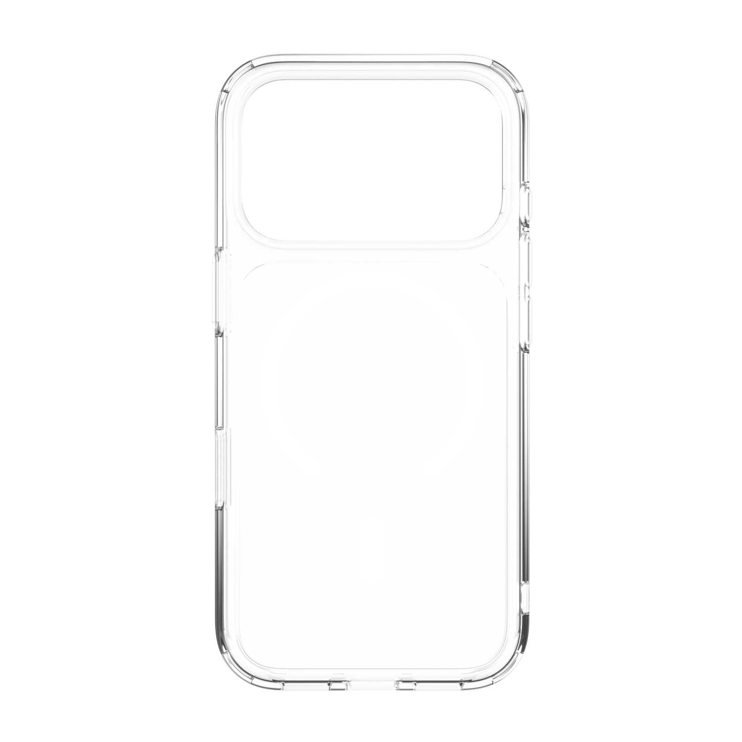 Przezroczyste etui ochronne na telefon z okrągłym kształtem magnetycznym z tyłu na białym tle.