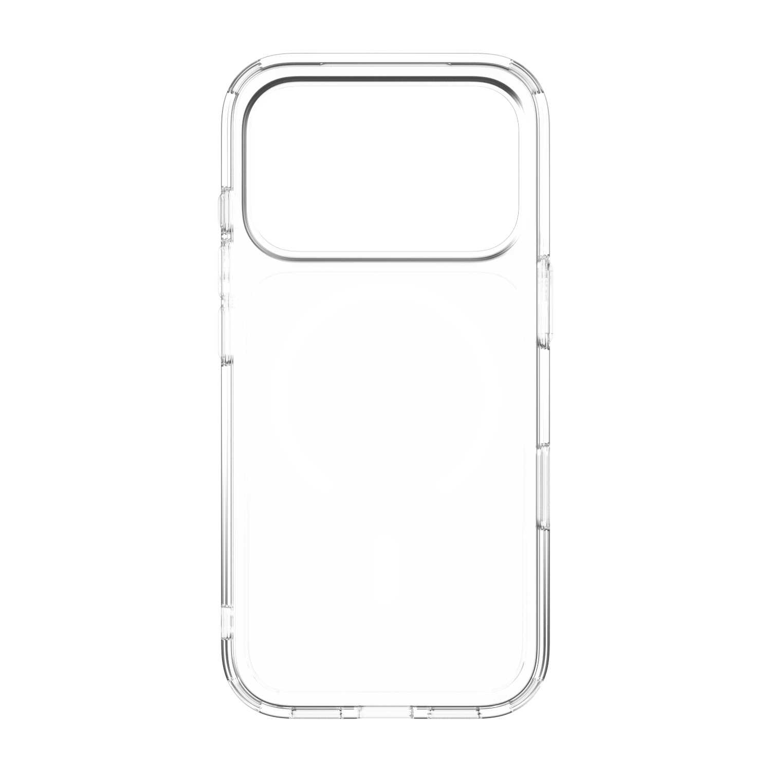 Przezroczyste etui na telefon z wycięciem na aparat i okrągłym znacznikiem magnetycznym na białym tle.