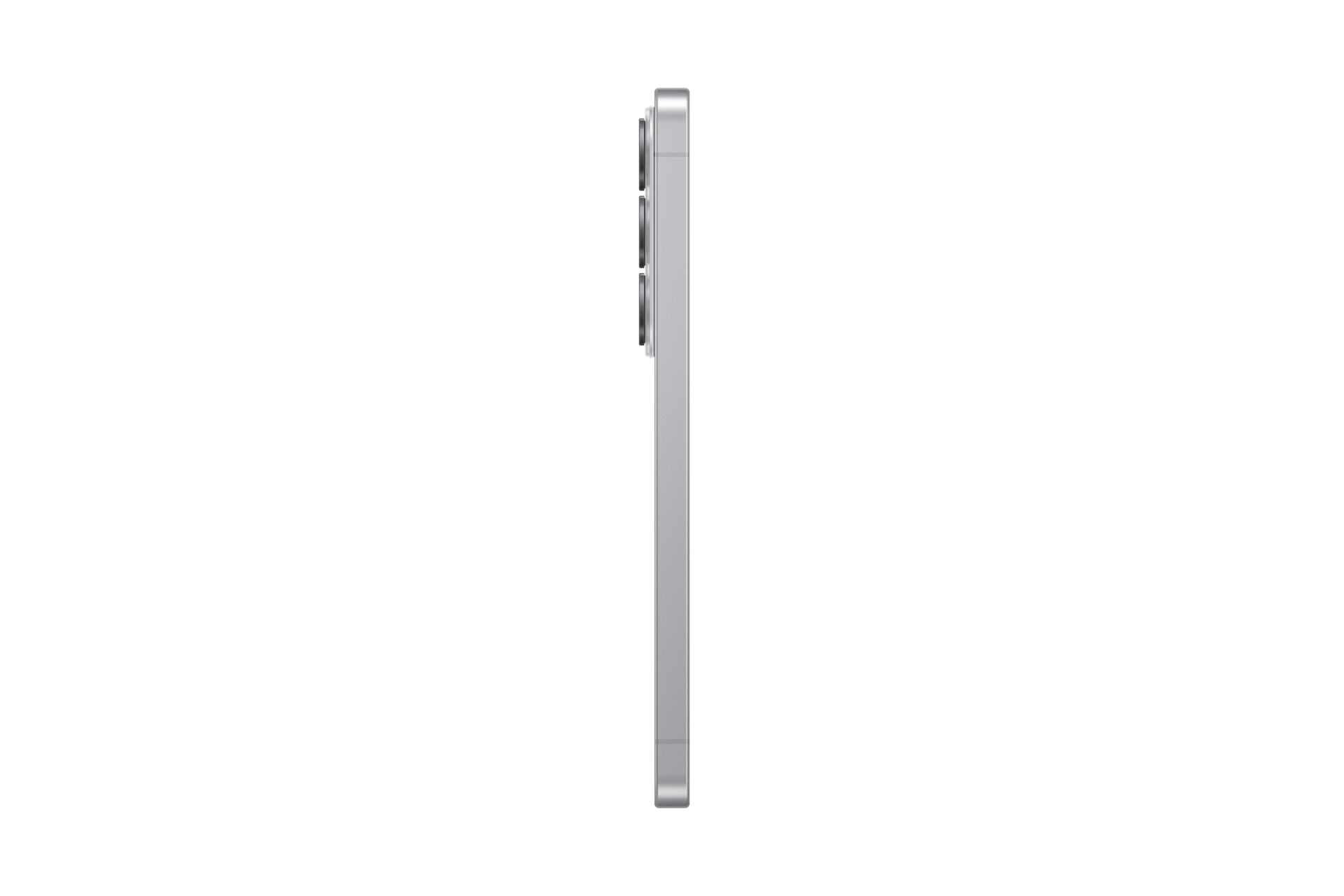Seitenansicht eines schlanken, silbernen Smartphones mit drei Linsen auf einem schwarzen Hintergrund.