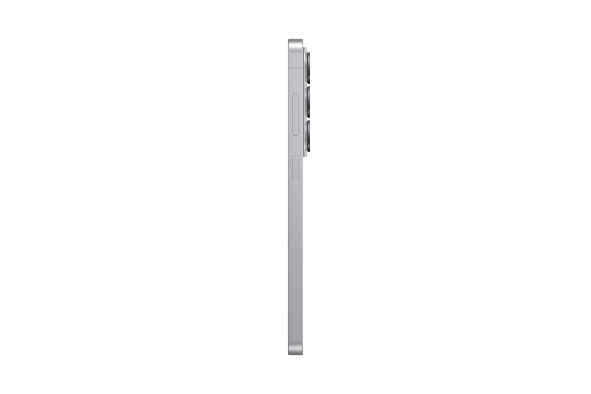 Seitenansicht eines silbernen Smartphones mit Tasten und Kamera auf schwarzem Hintergrund.