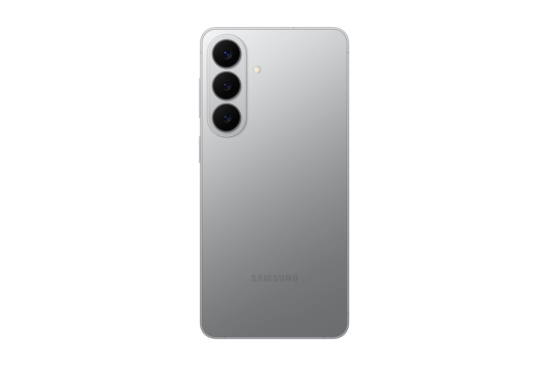 Vista posteriore di uno smartphone Samsung argento con tripla fotocamera verticale su sfondo nero.