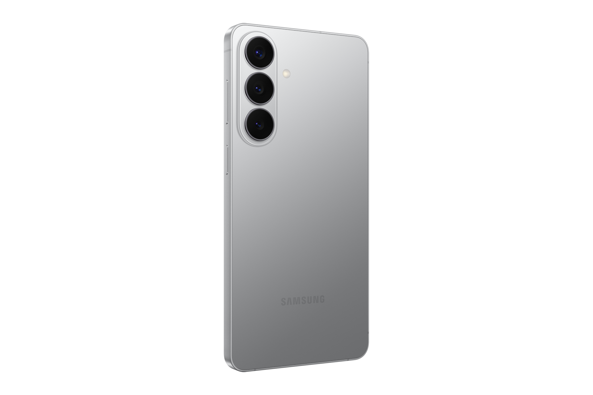 Rückseite eines silbernen Smartphones mit drei vertikalen Kameralinsen und dem Samsung-Logo auf schwarzem Grund.