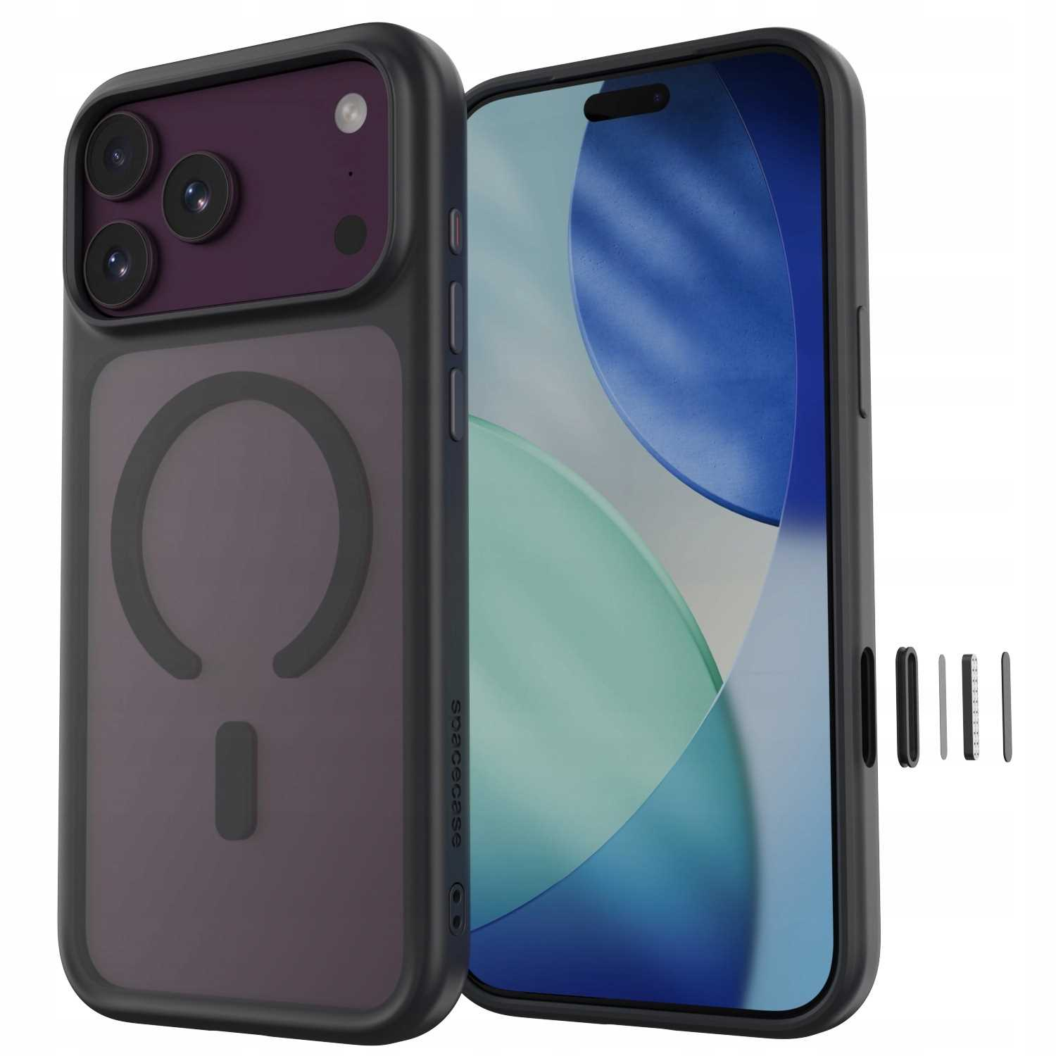 Smartfon w czarnym etui ochronnym, widok z przodu i z tyłu z wycięciami na aparat i magnetycznym pierścieniem.