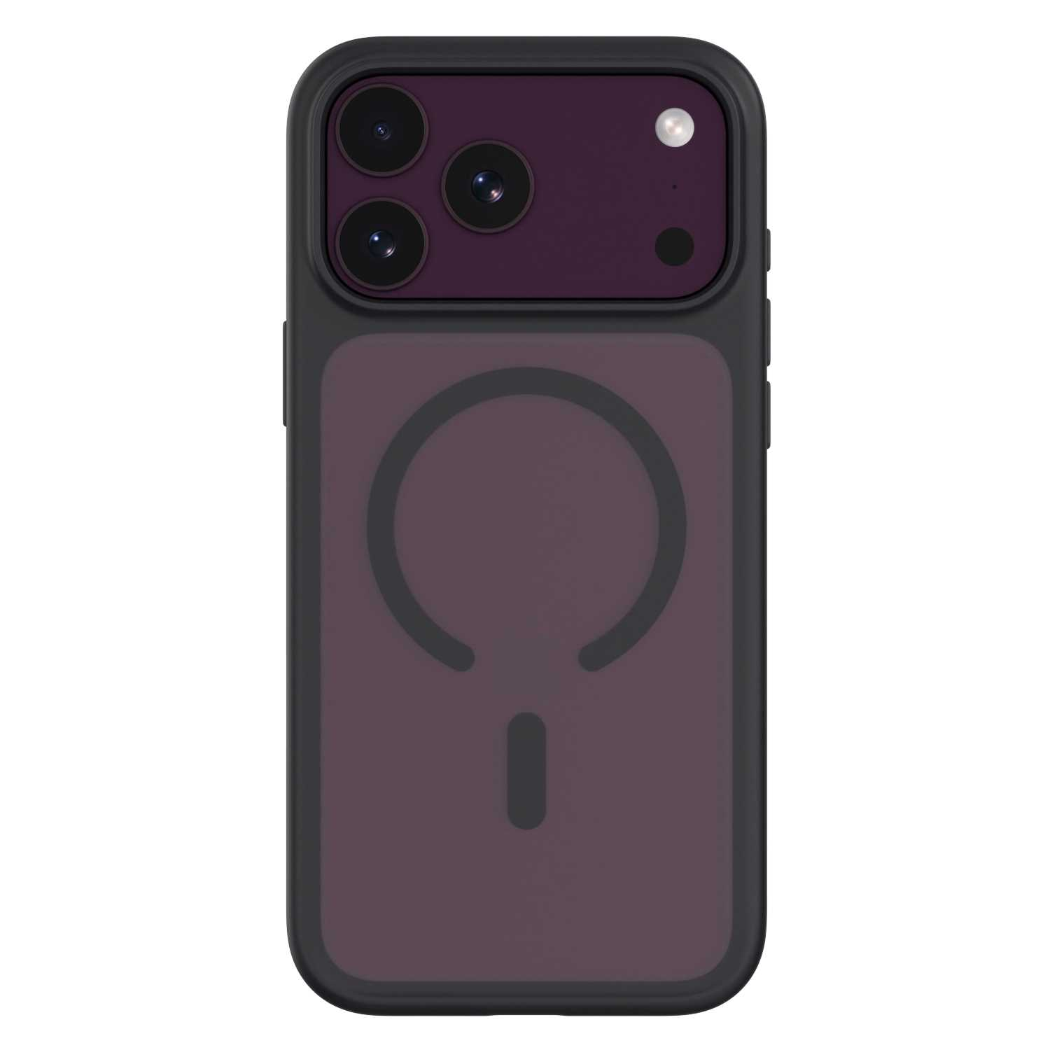 Smartfon w ciemnoszarym etui z fioletowym tyłem, trzema obiektywami i symbolem pierścienia magnetycznego.