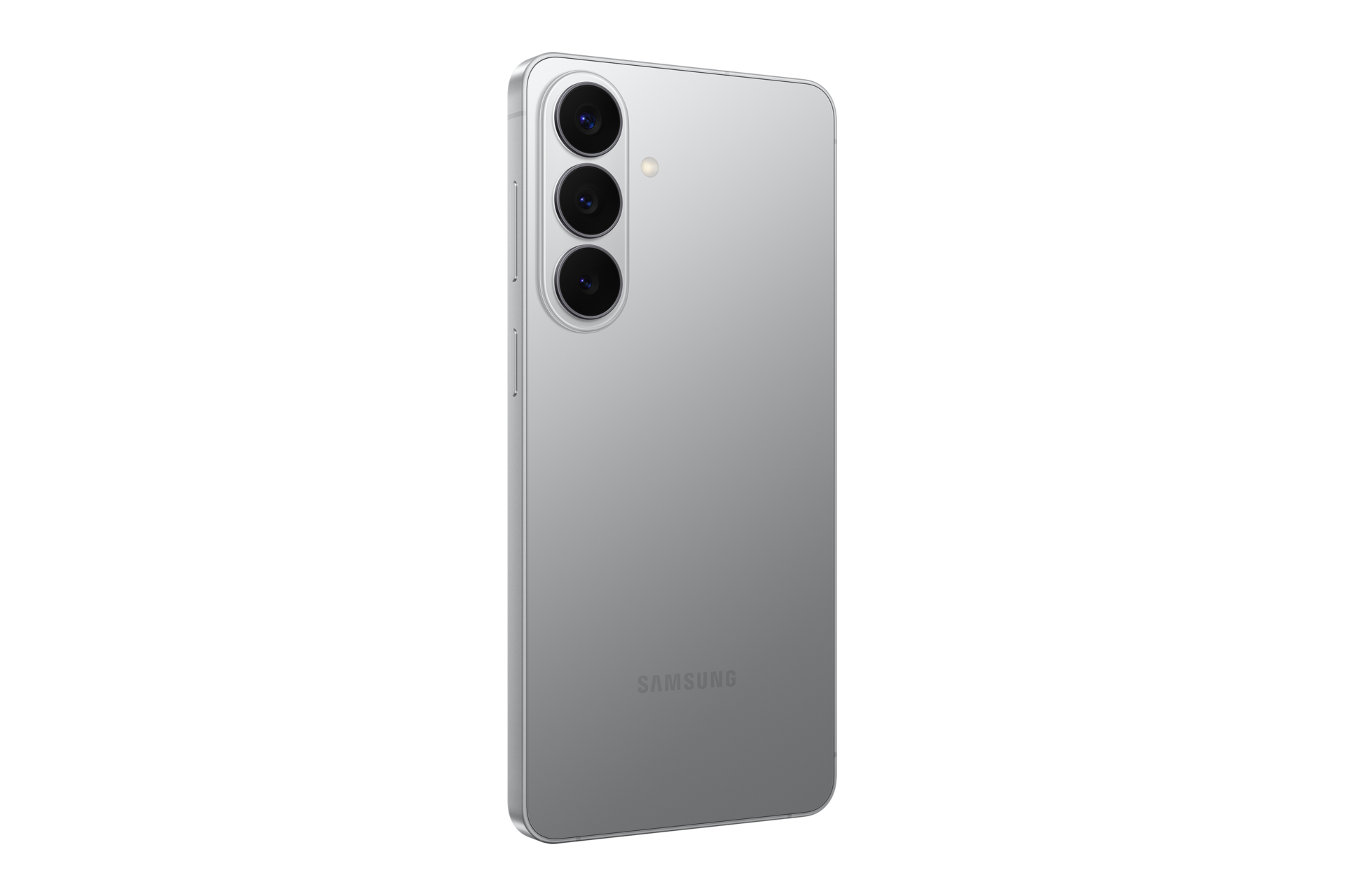 Il retro di uno smartphone Samsung argento con tre fotocamere verticali su sfondo nero.