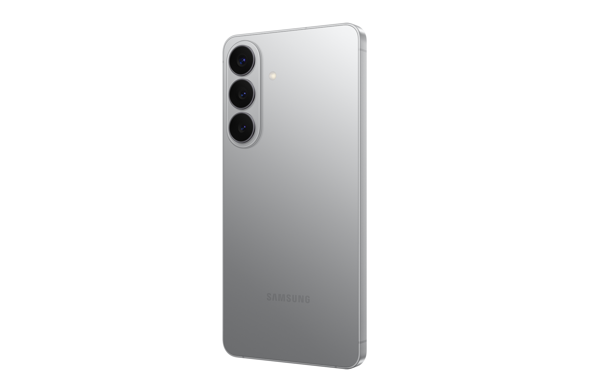 Retro di uno smartphone argento con tre fotocamere disposte verticalmente e il logo Samsung.