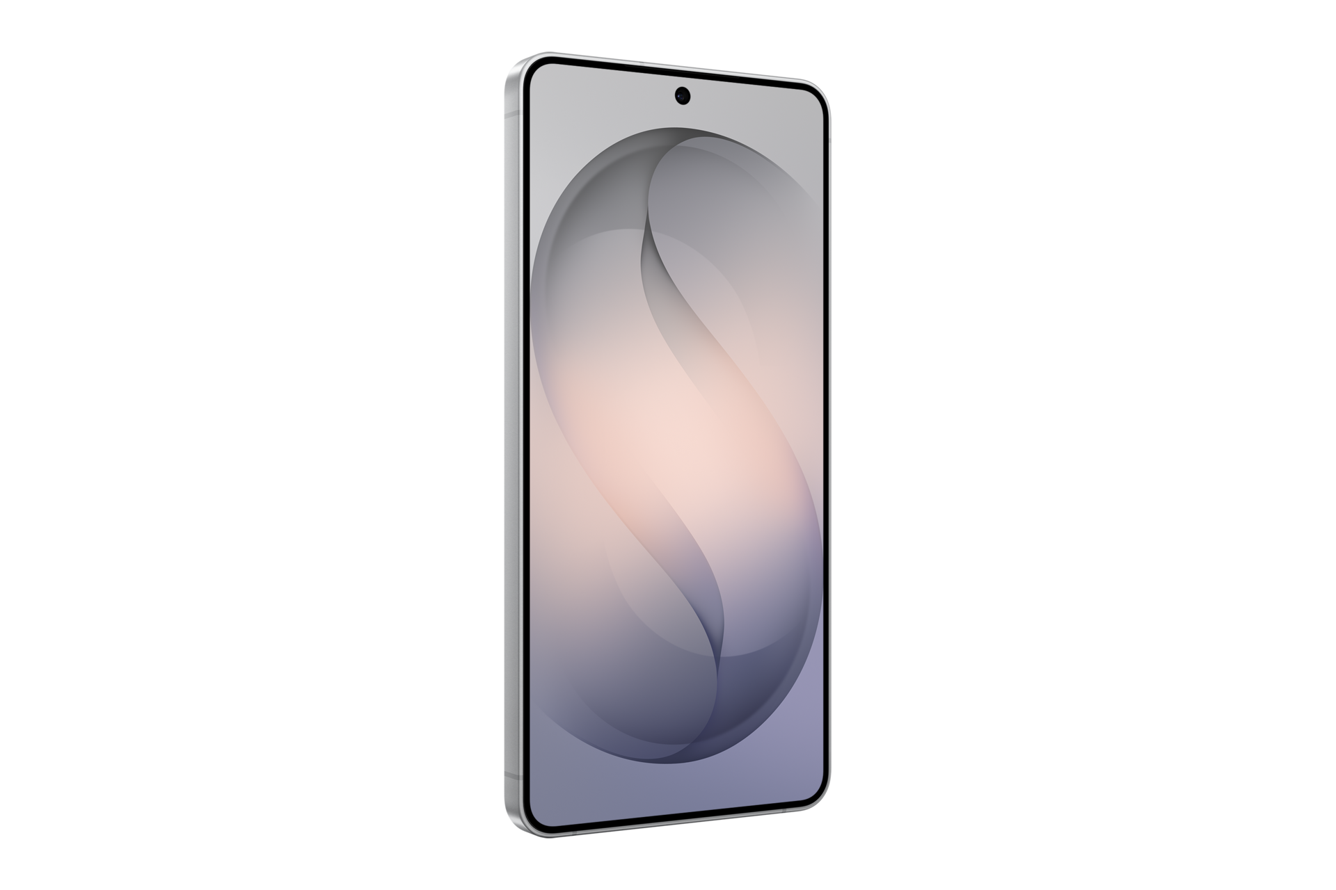 Un elegante smartphone argento inclinato su sfondo nero, con uno sfondo grigio astratto sullo schermo.