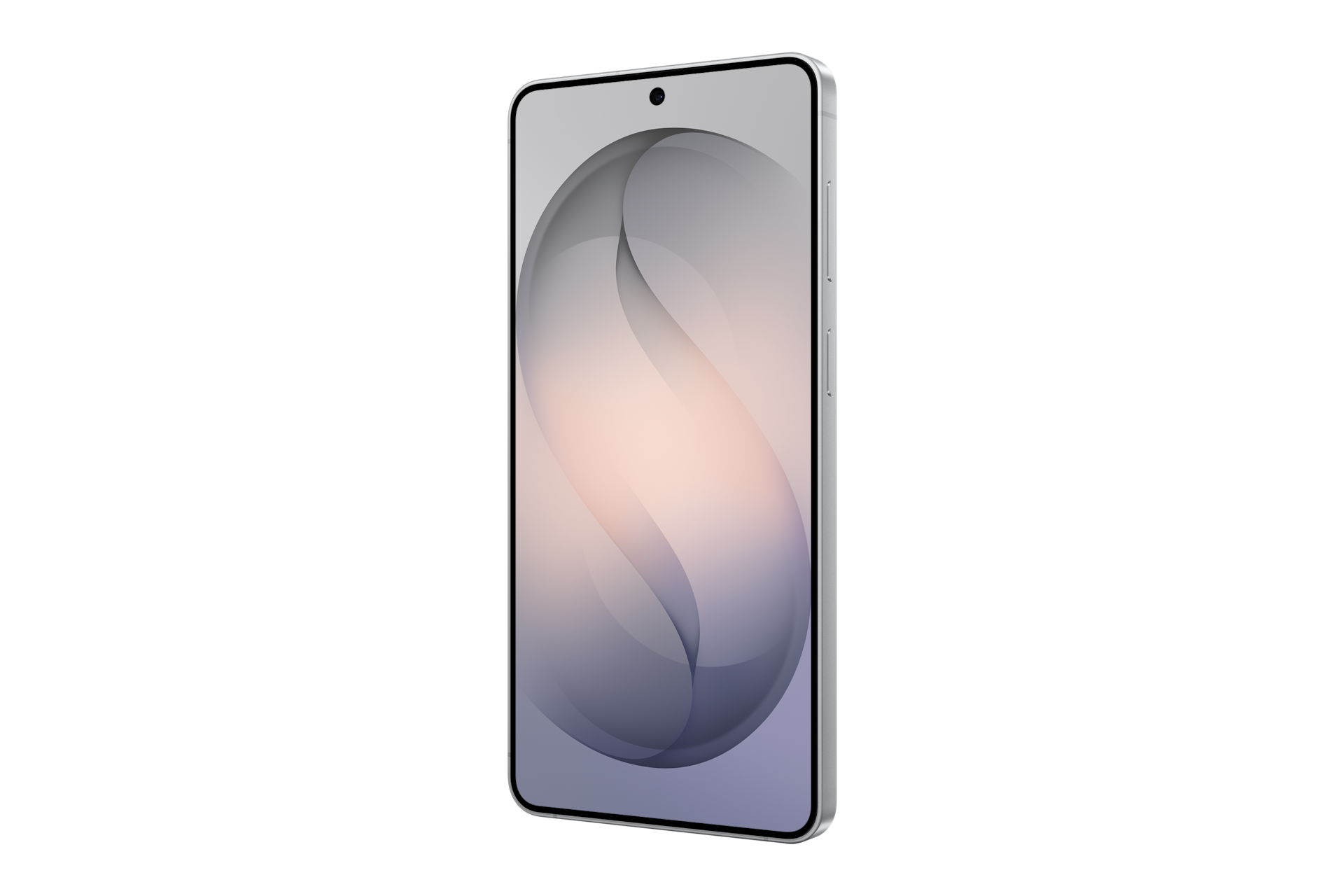 Uno smartphone bianco con uno sfondo astratto curvo sullo schermo, su sfondo nero uniforme.